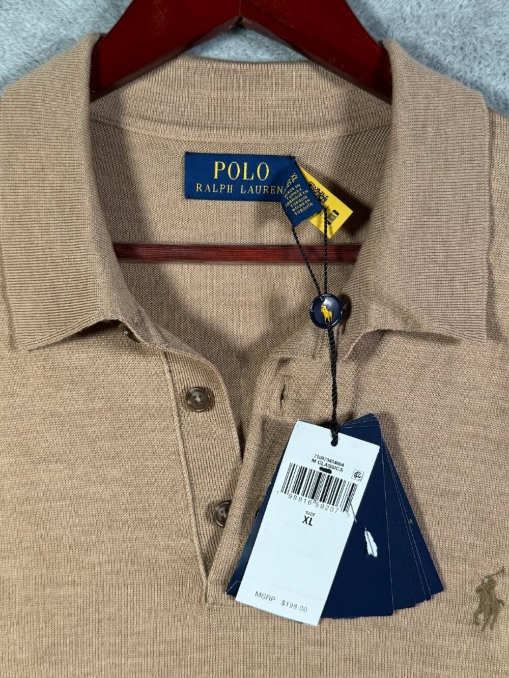 Polo Ralph Lauren Sweater Mens XL Tan 100 Wool Long Sleeve Collared $198